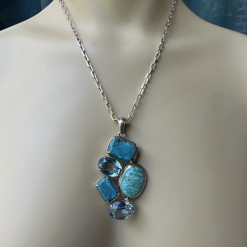 Barse Pendant Necklace 19 Inch Turquoise Lab Topaz Amazonite 925 Sterling 38.2g